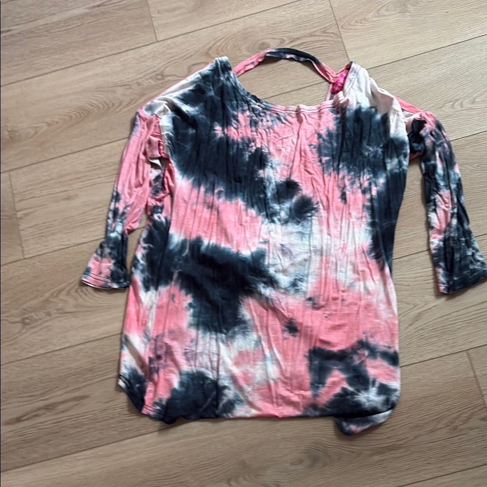 Simply Southern Pink and Black Ruched 3/4 Sleeve Blouse